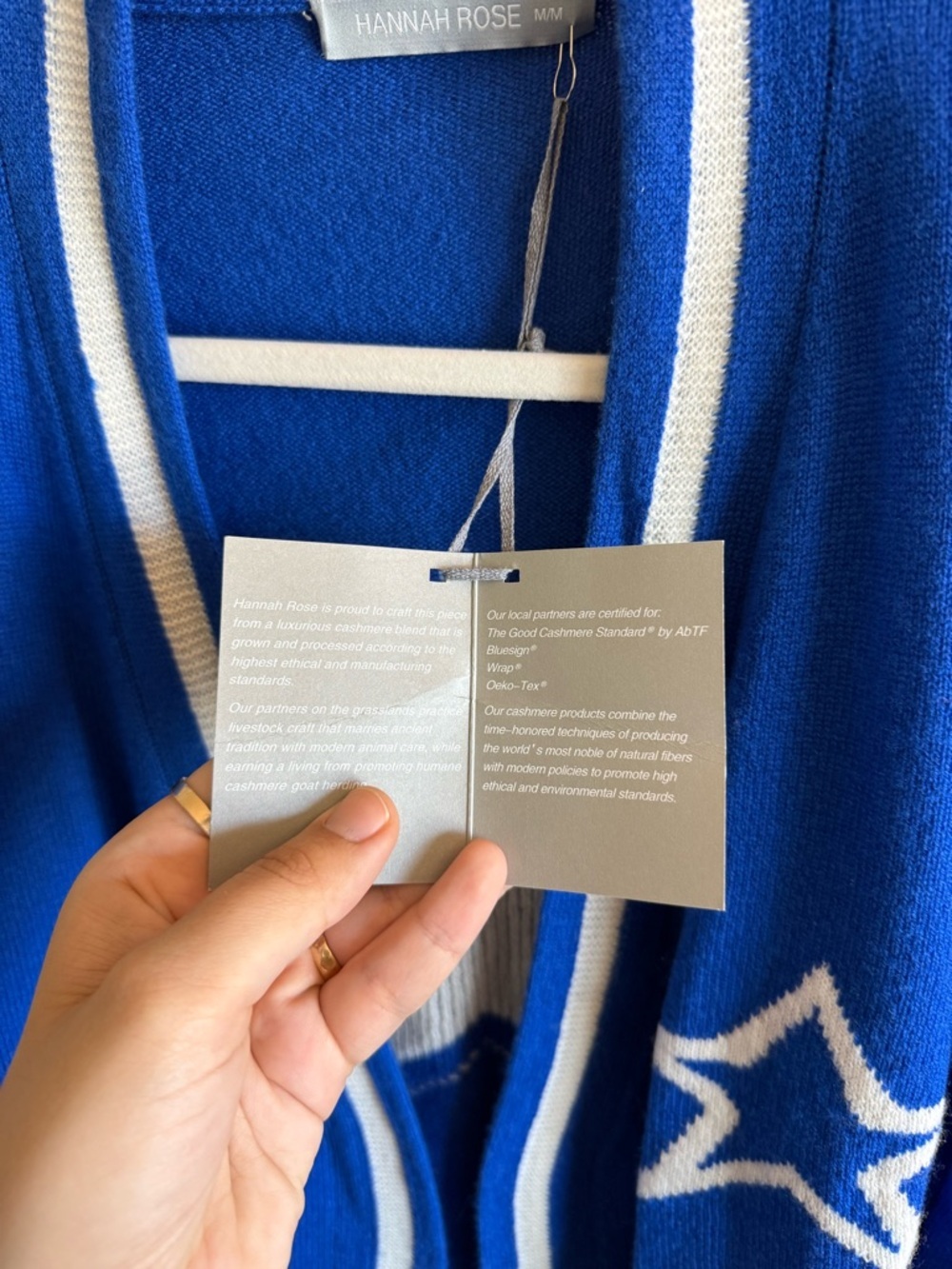 NWT Hannah Rose Merino Wool & Cashmere Open Front Cardigan Blue & White Medium - Picture 3 of 8
